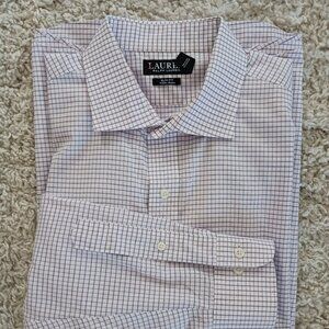 Lauren Ralph Lauren Mens White Pink Checkered Slim Fit Dress Shirt Size 17 34/35